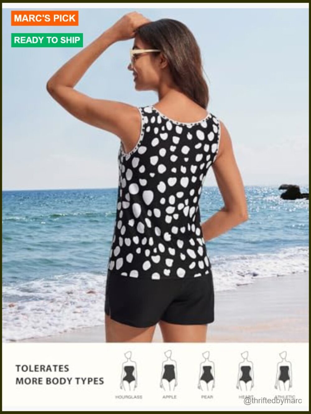Two Piece Tankini Swimsuit with Beads, Sporty Swim Shorts Pockets, Modest - Picture 4 of 7